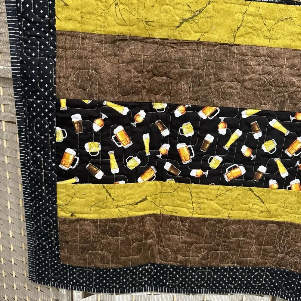 Handmade Quilt BEER BAR Theme Throw 45x66 Fun Novelty Gift Black Gold Brown EUC